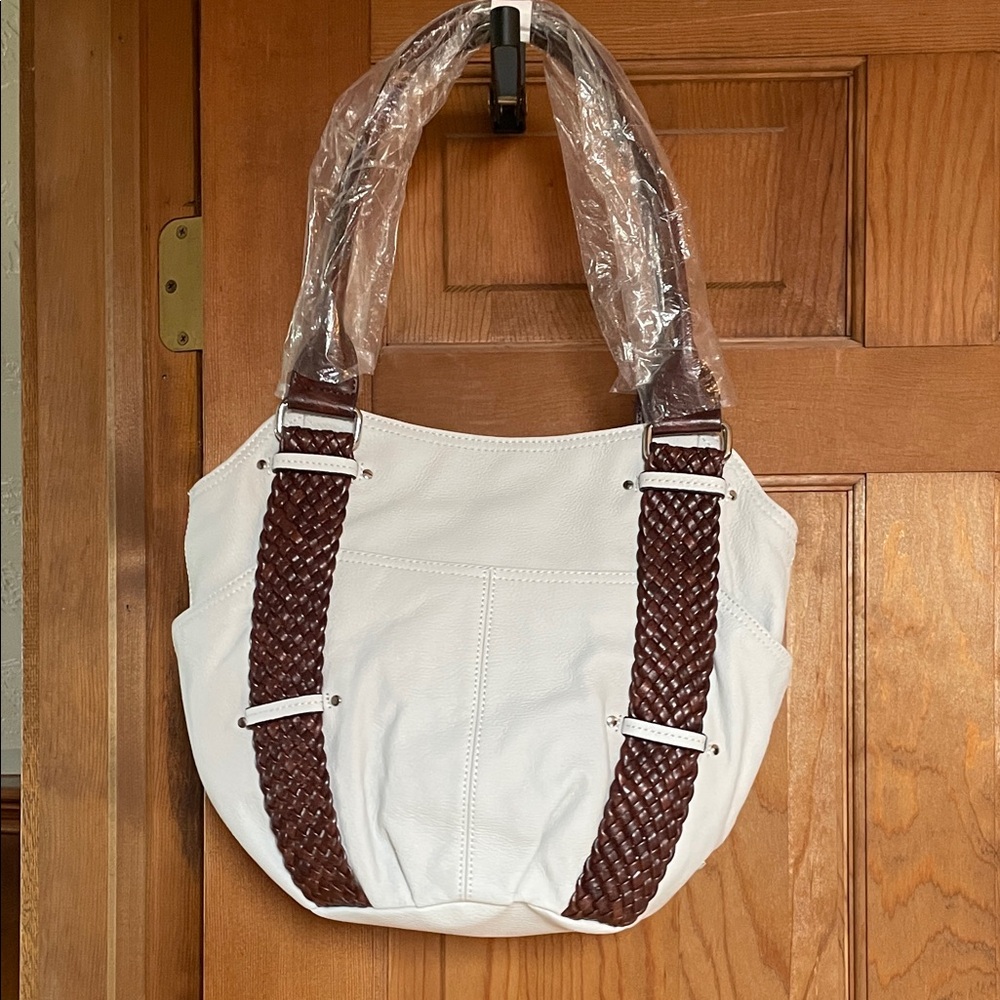 Tignanello White Leather Shoulder Bag with Brown Braided Straps NWT - Picture 2 of 3